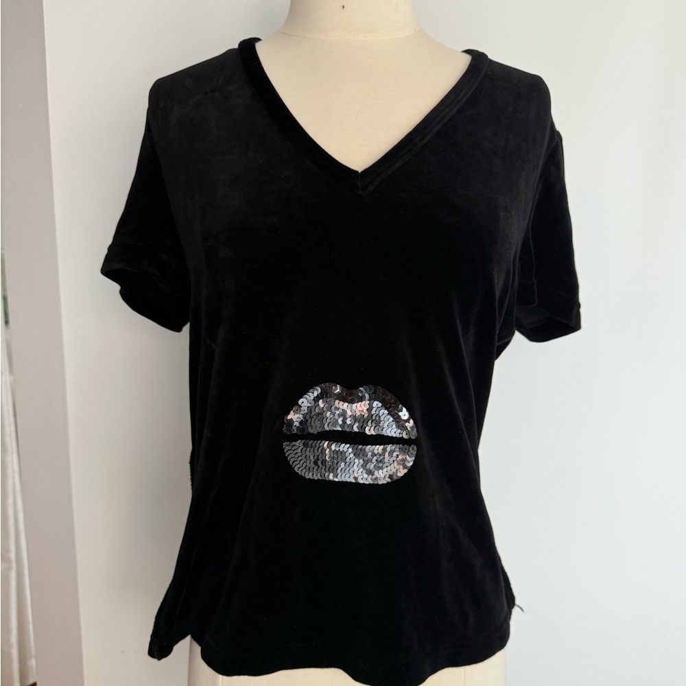 Vintage Sonia Rykiel Black Velvet Sequin Signature Lip Tee